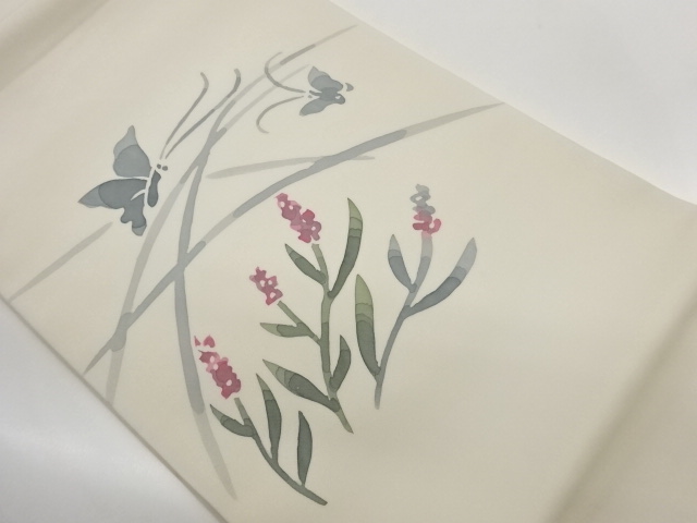 JAPANESE HIRAKI NAGOYA OBI / SHIOZE / FLORAL PLANTS